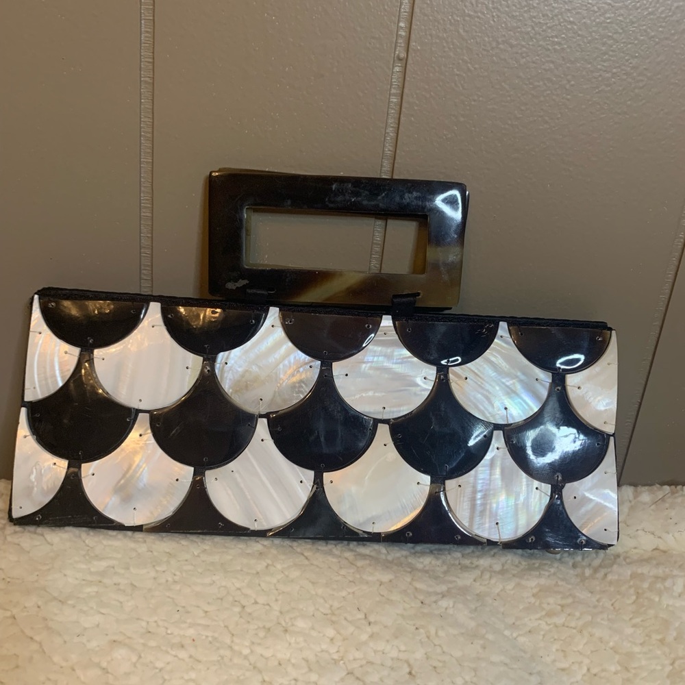Vintage Black and White Mother of Pearl Clutch Evening Bag